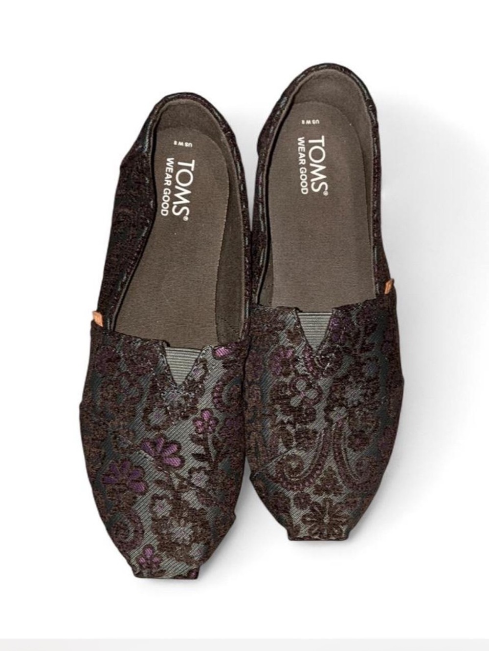TOMS Black Slip-On Flats with Purple Floral Jacquard